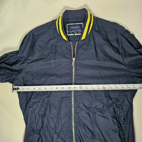 Denim & Flower Ricky Singh Bomber Jacket Mens Size L Navy Blue w/ Yellow Stripes - Picture 9 of 10